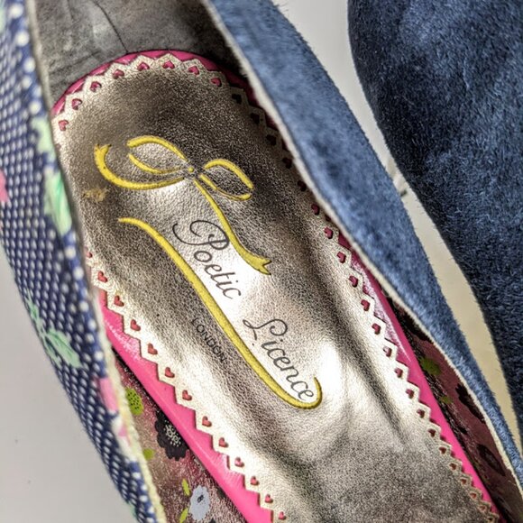 Poetic License Navy Floral Heel Womens 7.5 Peep Toe Suede Retro Party Pumps - Picture 6 of 8